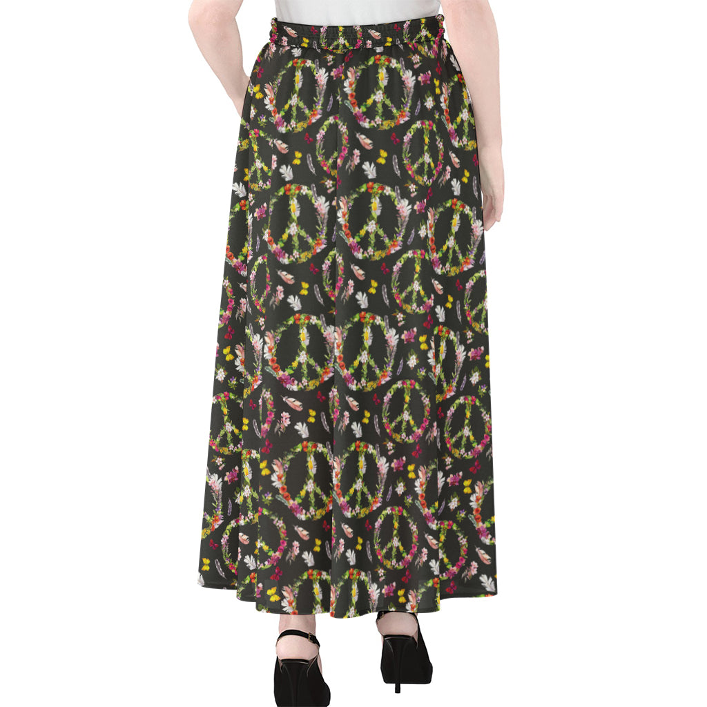 Hippie Peace Sign Flower Pattern Print Chiffon Maxi Skirt