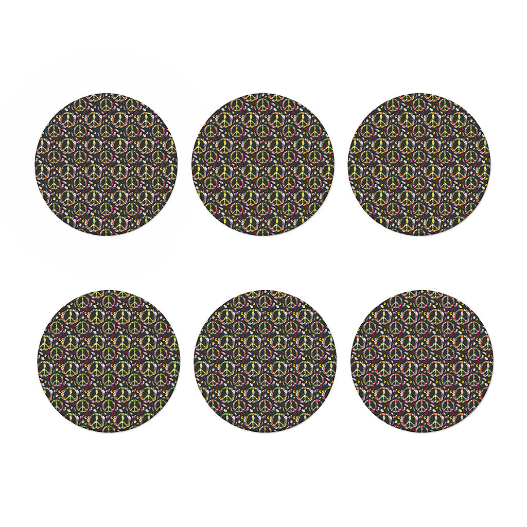 Hippie Peace Sign Flower Pattern Print Coaster Set