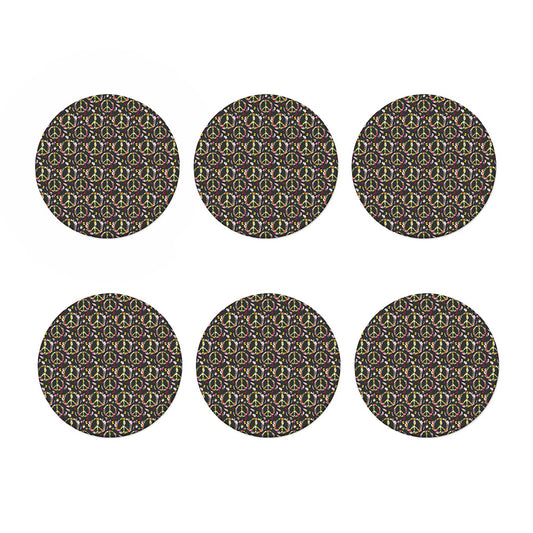 Hippie Peace Sign Flower Pattern Print Coaster Set