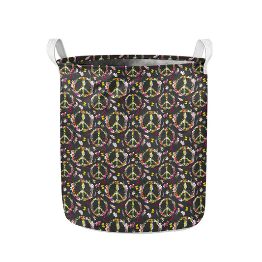 Hippie Peace Sign Flower Pattern Print Collapsible Laundry Basket