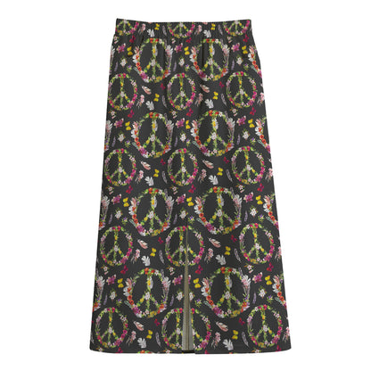 Hippie Peace Sign Flower Pattern Print Cotton Front Slit Maxi Skirt