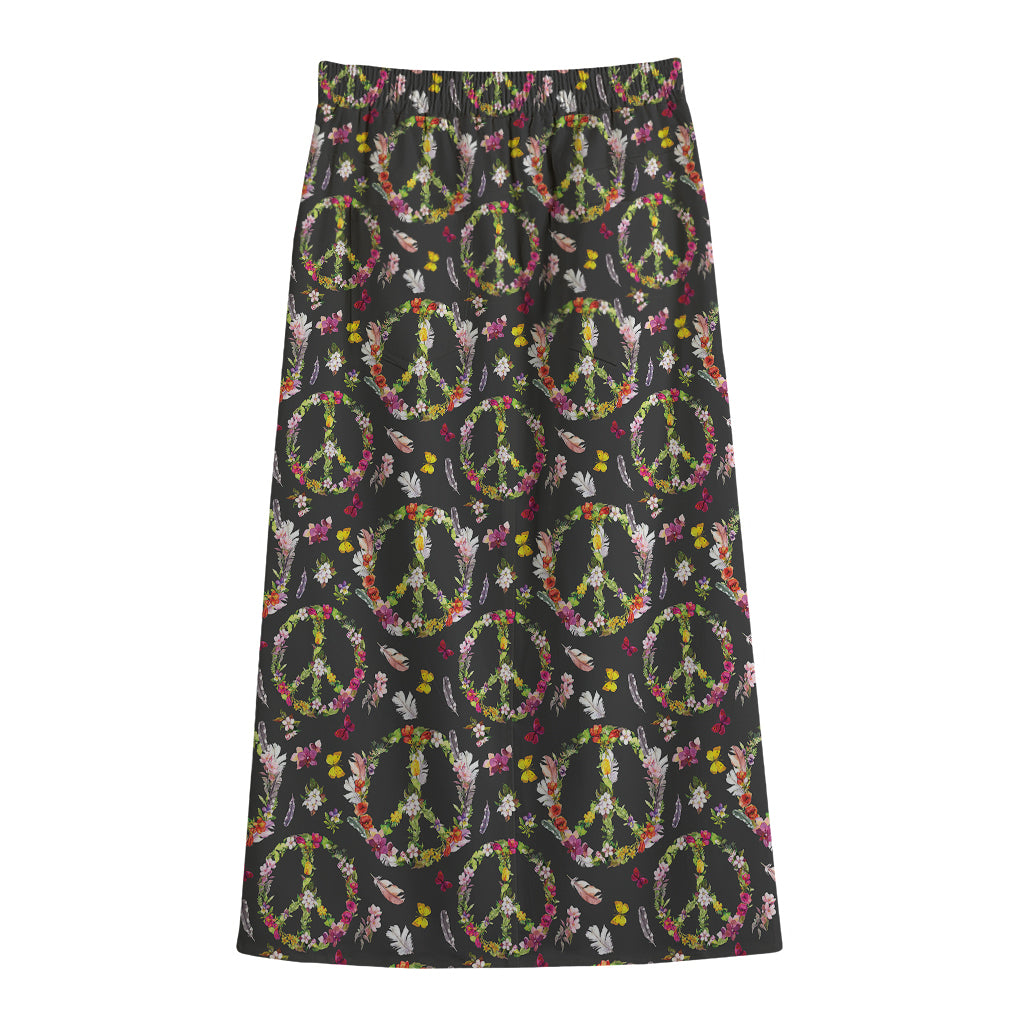Hippie Peace Sign Flower Pattern Print Cotton Front Slit Maxi Skirt