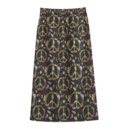 Hippie Peace Sign Flower Pattern Print Cotton Front Slit Maxi Skirt