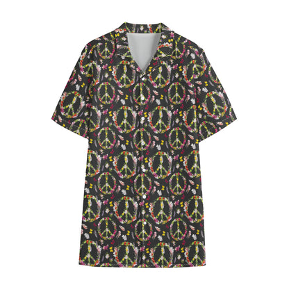 Hippie Peace Sign Flower Pattern Print Cotton Hawaiian Shirt