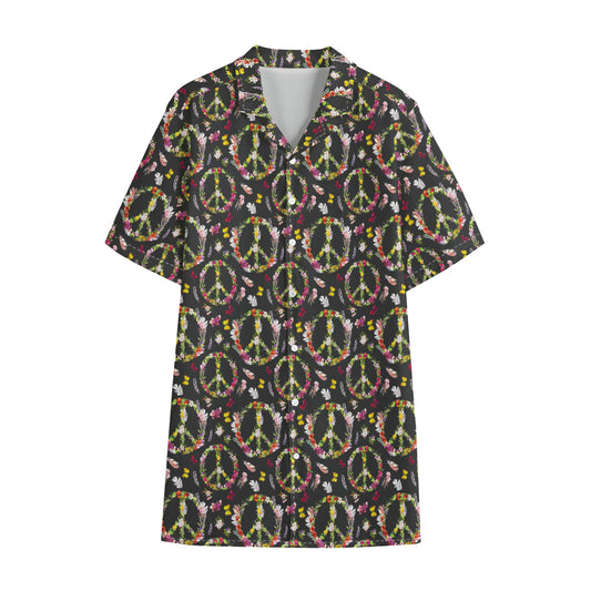 Hippie Peace Sign Flower Pattern Print Cotton Hawaiian Shirt