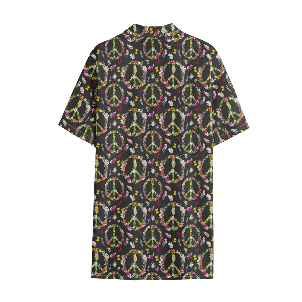 Hippie Peace Sign Flower Pattern Print Cotton Hawaiian Shirt