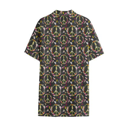 Hippie Peace Sign Flower Pattern Print Cotton Hawaiian Shirt