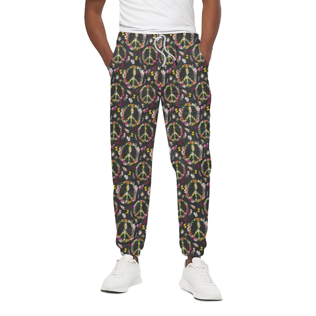 Hippie Peace Sign Flower Pattern Print Cotton Pants