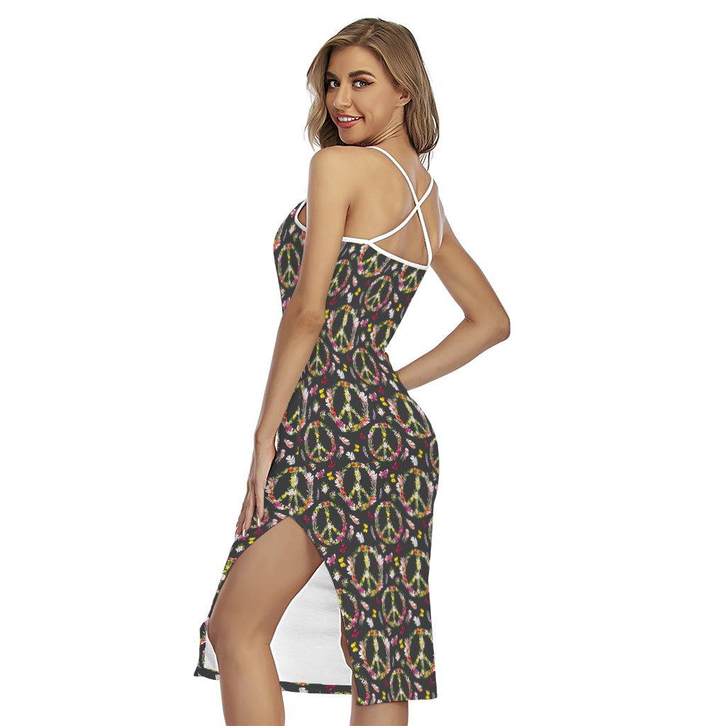 Hippie Peace Sign Flower Pattern Print Cross Back Cami Dress