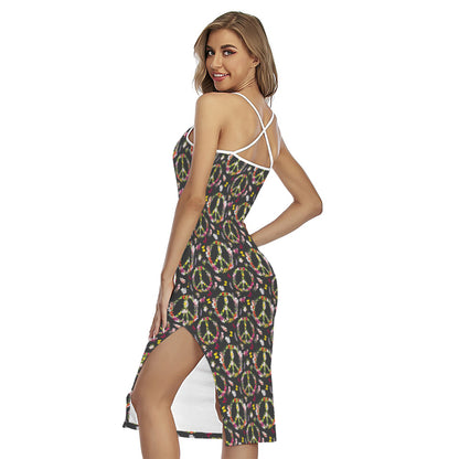 Hippie Peace Sign Flower Pattern Print Cross Back Cami Dress