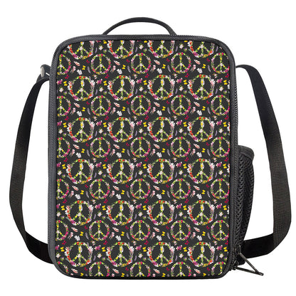 Hippie Peace Sign Flower Pattern Print Crossbody Lunch Bag