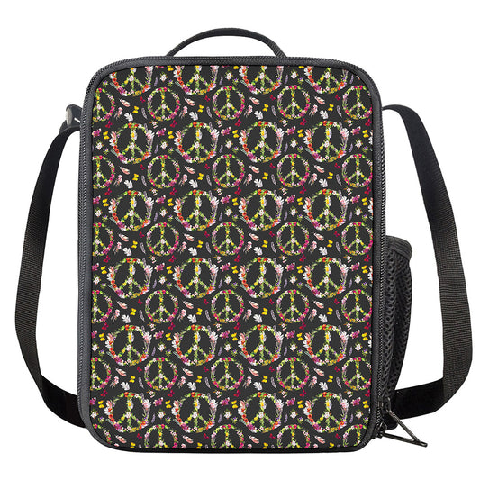 Hippie Peace Sign Flower Pattern Print Crossbody Lunch Bag