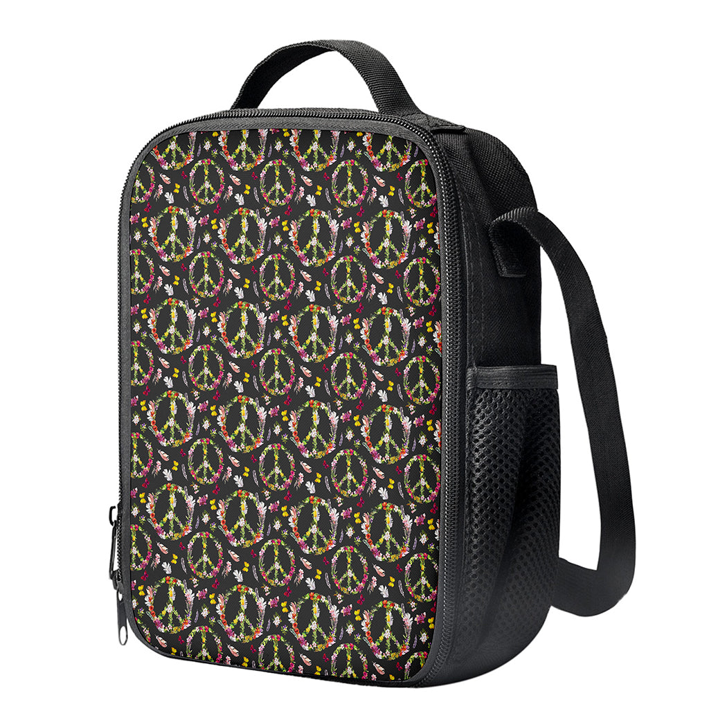 Hippie Peace Sign Flower Pattern Print Crossbody Lunch Bag