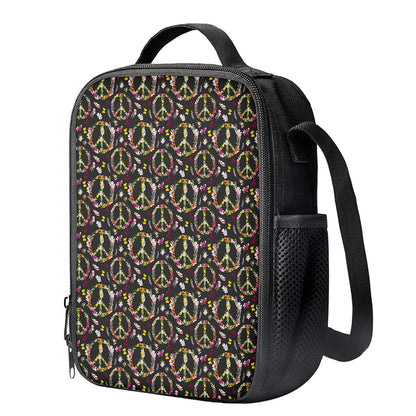 Hippie Peace Sign Flower Pattern Print Crossbody Lunch Bag