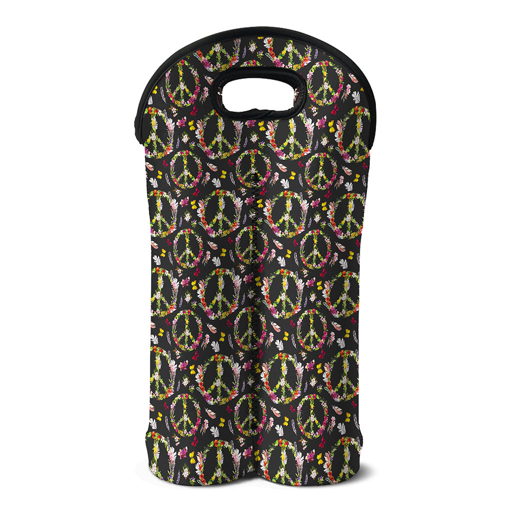 Hippie Peace Sign Flower Pattern Print Double Neoprene Wine Tote