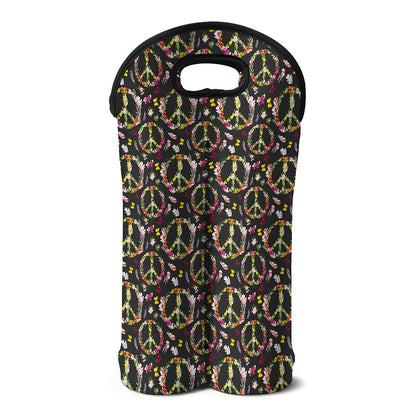 Hippie Peace Sign Flower Pattern Print Double Neoprene Wine Tote