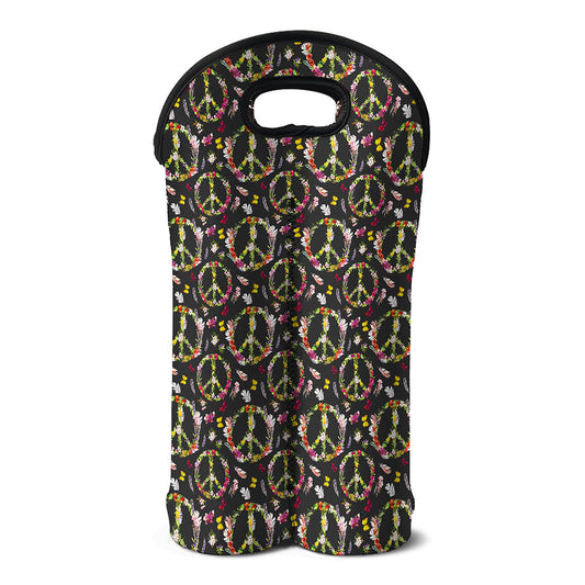 Hippie Peace Sign Flower Pattern Print Double Neoprene Wine Tote
