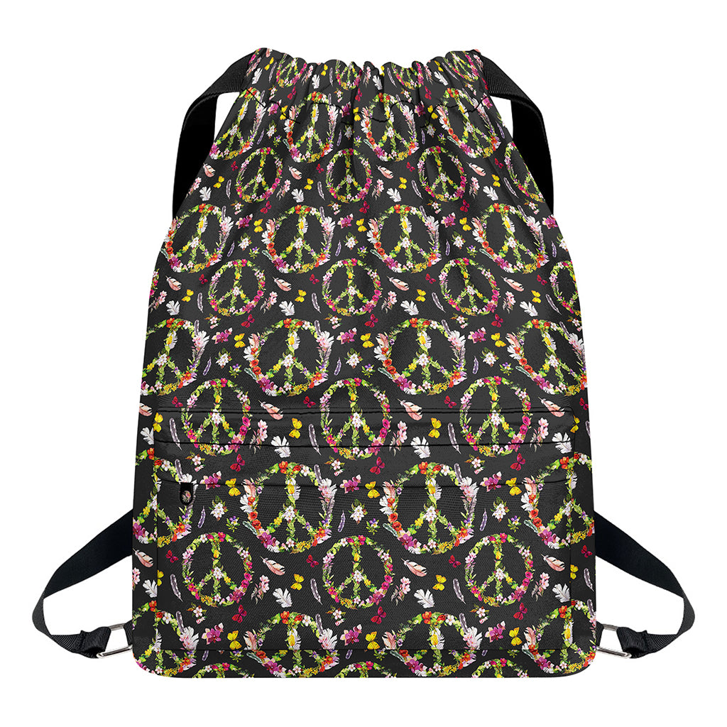 Hippie Peace Sign Flower Pattern Print Drawstring Backpack