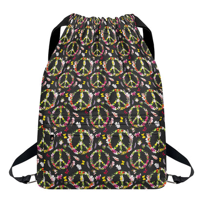 Hippie Peace Sign Flower Pattern Print Drawstring Backpack