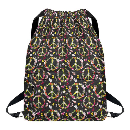 Hippie Peace Sign Flower Pattern Print Drawstring Backpack