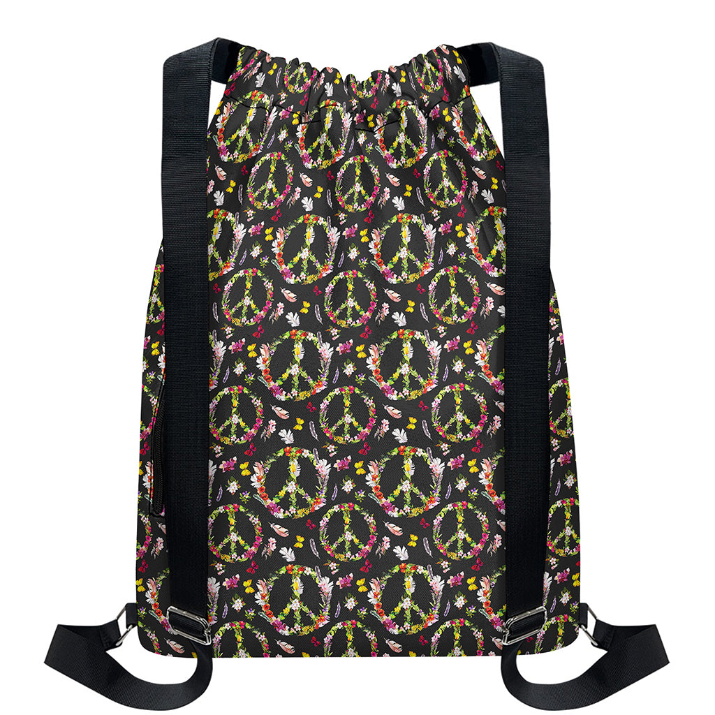 Hippie Peace Sign Flower Pattern Print Drawstring Backpack