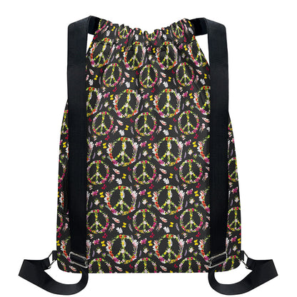 Hippie Peace Sign Flower Pattern Print Drawstring Backpack