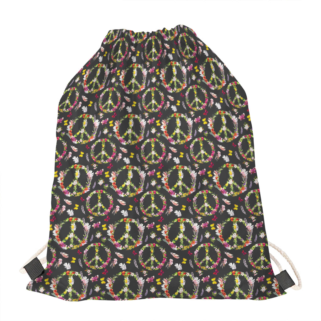 Hippie Peace Sign Flower Pattern Print Drawstring Bag