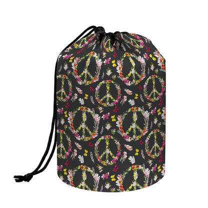 Hippie Peace Sign Flower Pattern Print Drawstring Makeup Bag