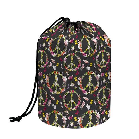 Hippie Peace Sign Flower Pattern Print Drawstring Makeup Bag