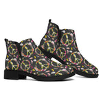 Hippie Peace Sign Flower Pattern Print Flat Ankle Boots
