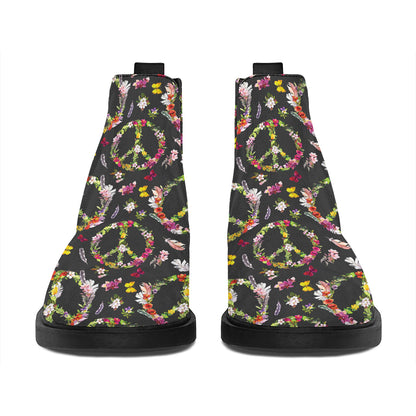 Hippie Peace Sign Flower Pattern Print Flat Ankle Boots