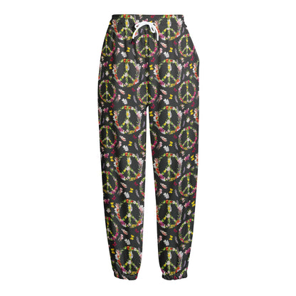 Hippie Peace Sign Flower Pattern Print Fleece Lined Knit Pants