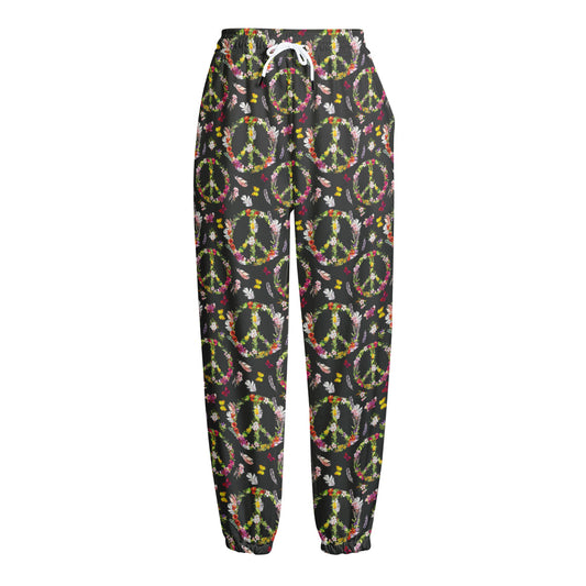 Hippie Peace Sign Flower Pattern Print Fleece Lined Knit Pants