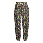 Hippie Peace Sign Flower Pattern Print Fleece Lined Knit Pants