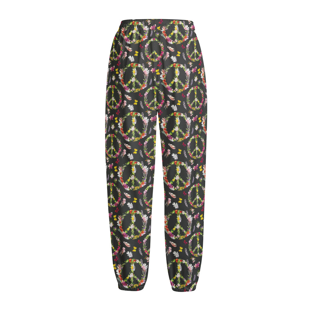 Hippie Peace Sign Flower Pattern Print Fleece Lined Knit Pants