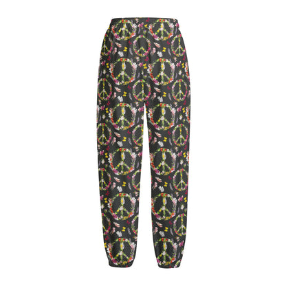 Hippie Peace Sign Flower Pattern Print Fleece Lined Knit Pants