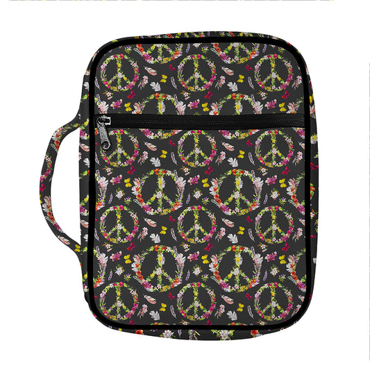 Hippie Peace Sign Flower Pattern Print Front Pocket Bible Bag