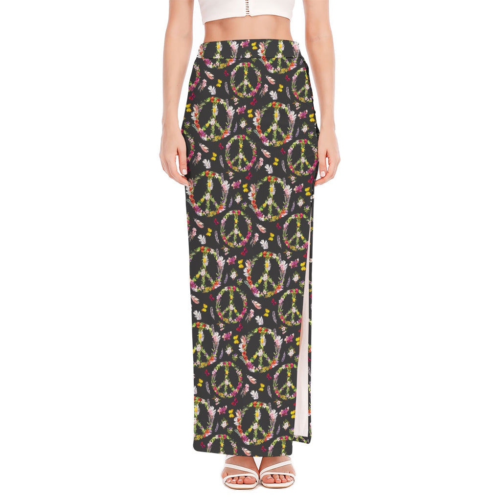 Hippie Peace Sign Flower Pattern Print High Slit Maxi Skirt