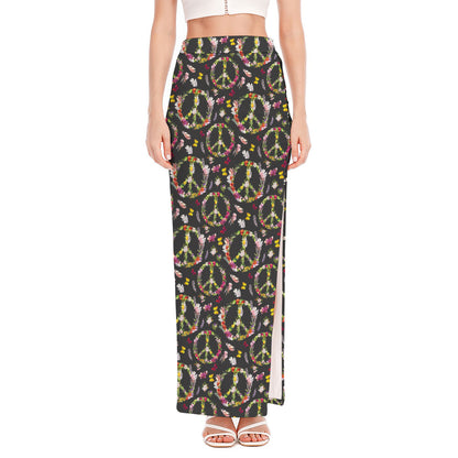 Hippie Peace Sign Flower Pattern Print High Slit Maxi Skirt