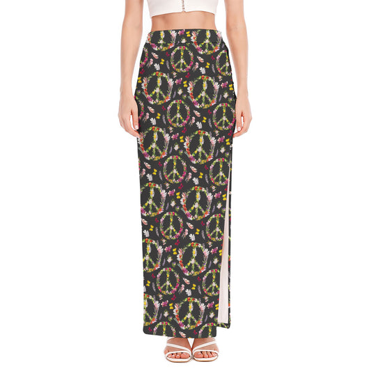 Hippie Peace Sign Flower Pattern Print High Slit Maxi Skirt