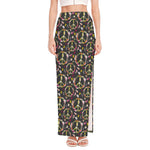 Hippie Peace Sign Flower Pattern Print High Slit Maxi Skirt