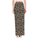 Hippie Peace Sign Flower Pattern Print High Slit Maxi Skirt