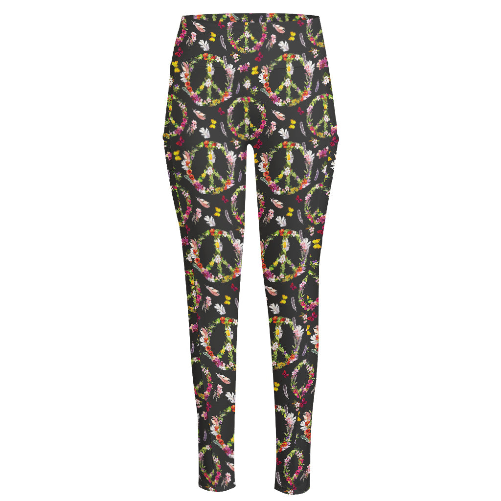 Hippie Peace Sign Flower Pattern Print High-Waisted Pocket Leggings