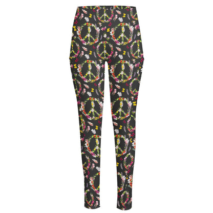 Hippie Peace Sign Flower Pattern Print High-Waisted Pocket Leggings