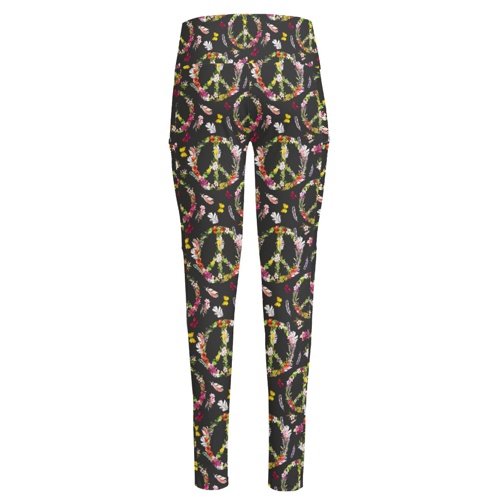 Hippie Peace Sign Flower Pattern Print High-Waisted Pocket Leggings