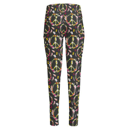 Hippie Peace Sign Flower Pattern Print High-Waisted Pocket Leggings