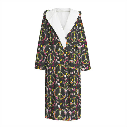 Hippie Peace Sign Flower Pattern Print Hooded Bathrobe