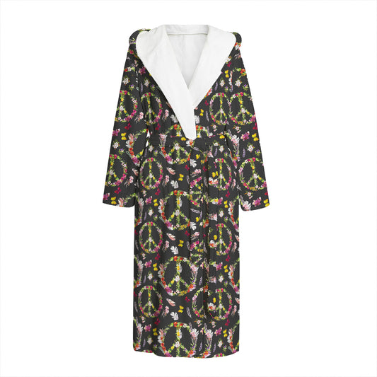 Hippie Peace Sign Flower Pattern Print Hooded Bathrobe