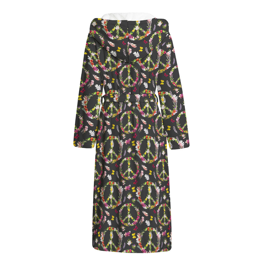 Hippie Peace Sign Flower Pattern Print Hooded Bathrobe