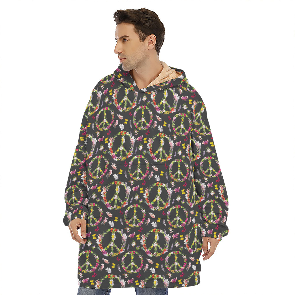 Hippie Peace Sign Flower Pattern Print Hoodie Blanket